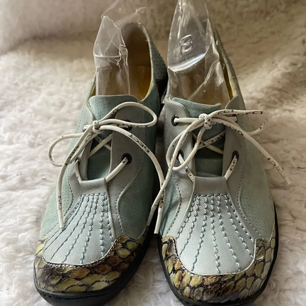 Eject leather&  suede blue lace shoes with patent reptile prints trim EUR SZ40
